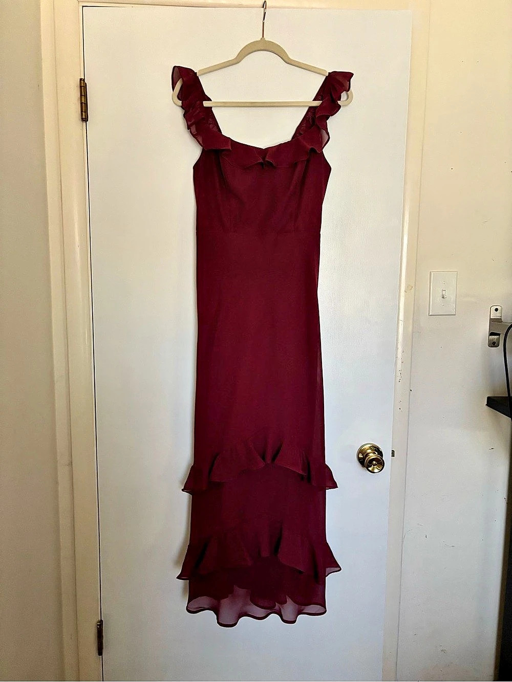Birdy Grey Maxi Ruffle Dress in Cabernet Size Medium Like New